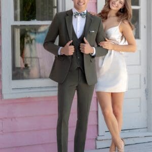 OD Green Metro Suit with Matching Vest and Floral Fusion Banded Hand-Knot Bow Tie