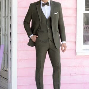 OD Green Metro Suit with Matching Vest and Banded Hand-Knot Bow Tie