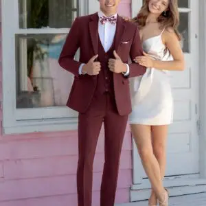 Burgundy Metro Suit with Matching Vest and Floral Fusion Banded Hand-Knot Bow Tie