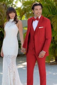 Red Metro Suit with Matching Vest and Banded Hand-Knot Bow Tie