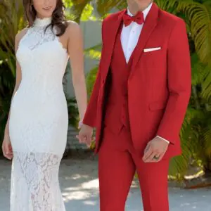 Red Metro Suit with Matching Vest and Banded Hand-Knot Bow Tie