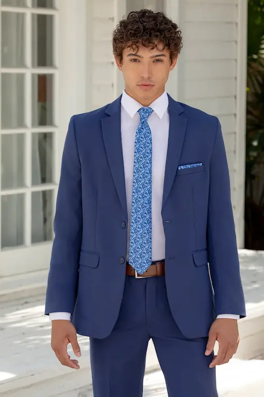 Navy Metro Suit with matching pants and Blaze Abstract Self-Tie Long Tie.